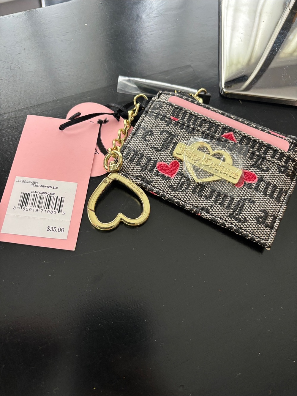 NWT JUICY COUTURE Glam Heart Card Case Keychain Black Pink Gold - Picture 2 of 3